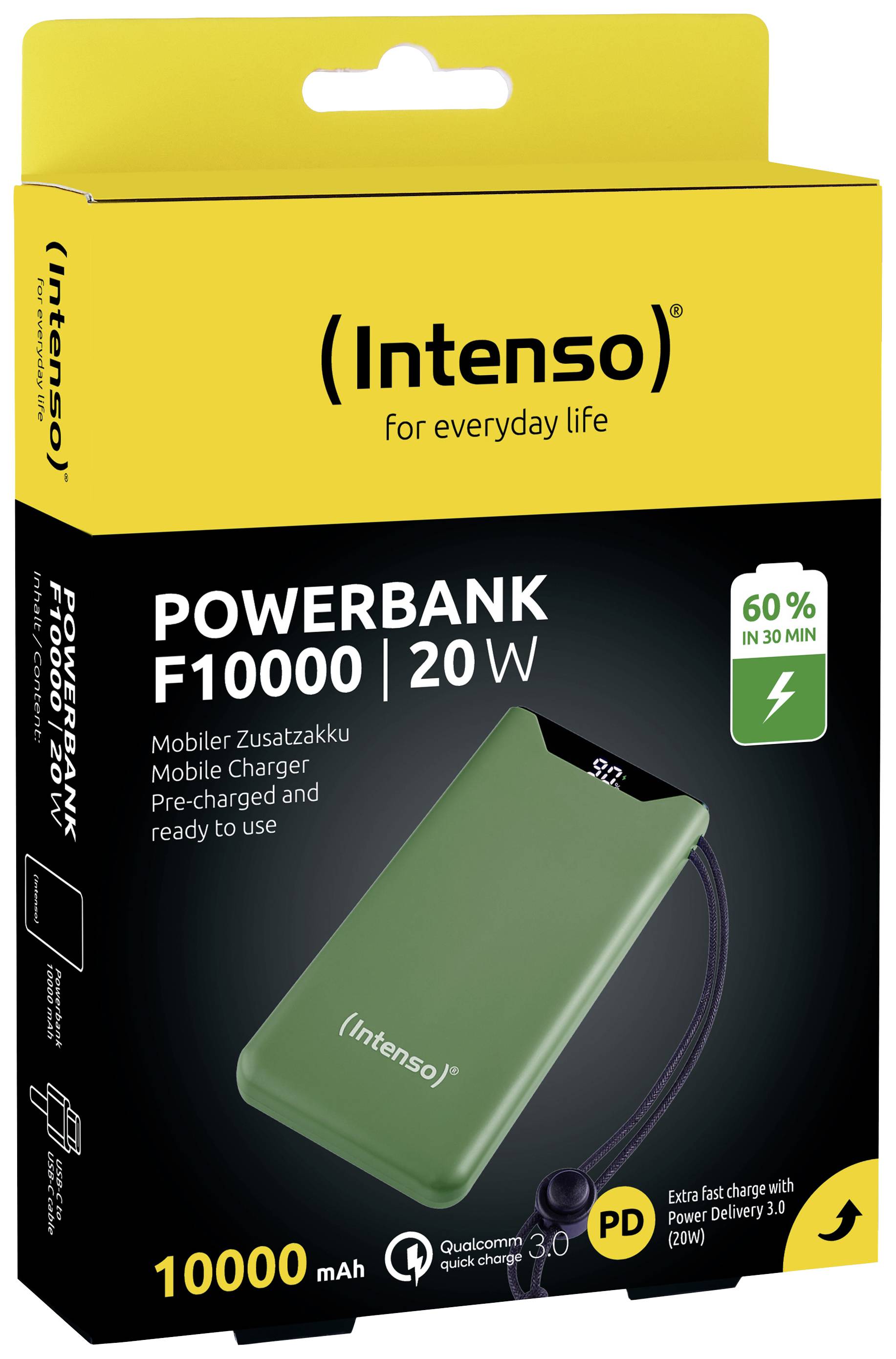 Intenso Powerbank F10000 med 20W effekt. Snabb laddning, 60% på 30 min. Kapacitet: 10000 mAh. Färg: Grön. Inkluderar USB-kabel.