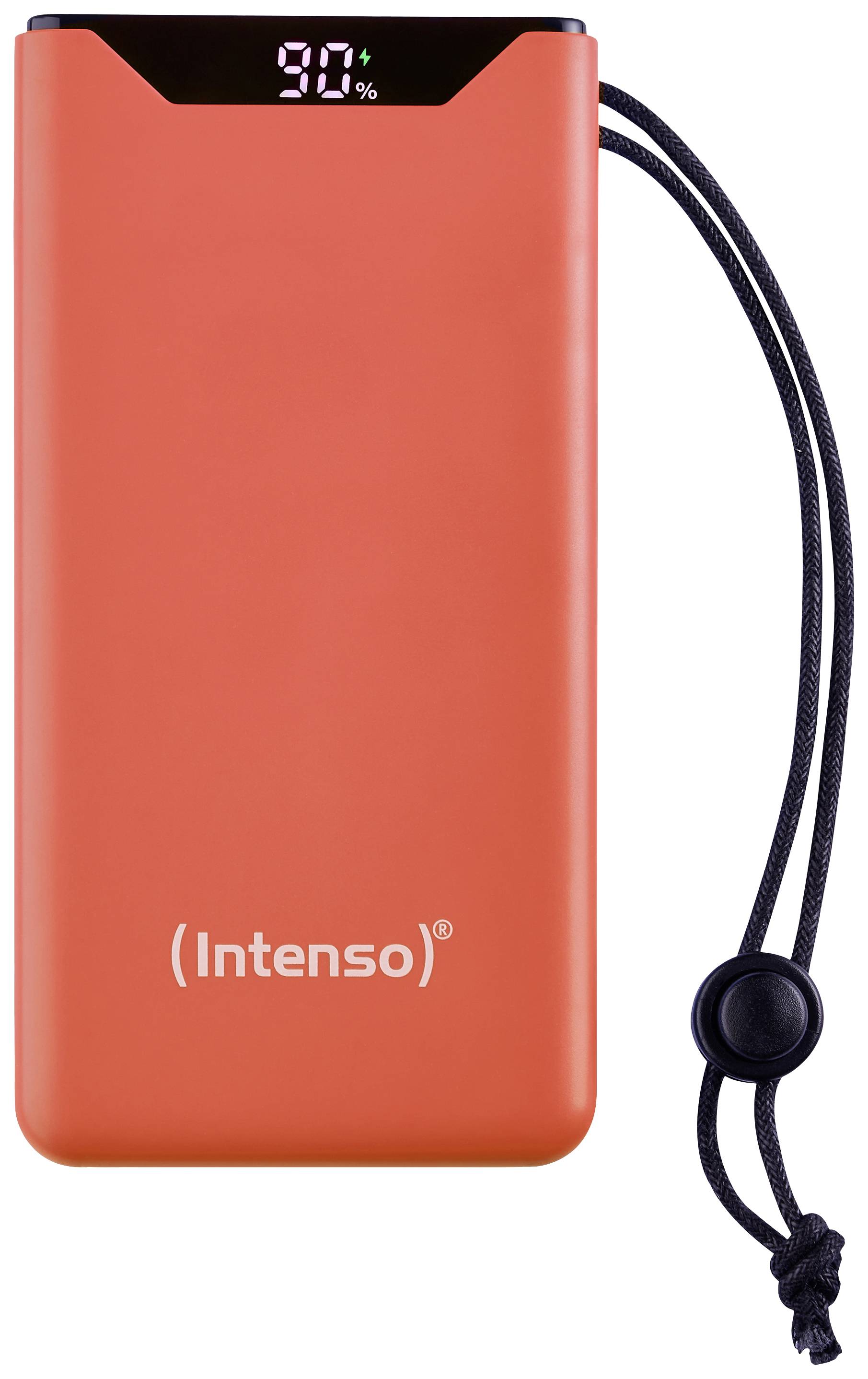 Röd powerbank med digital display som visar '90%', indikerar laddningsnivå. Svart sladd på sidan, märke 'Intenso'.