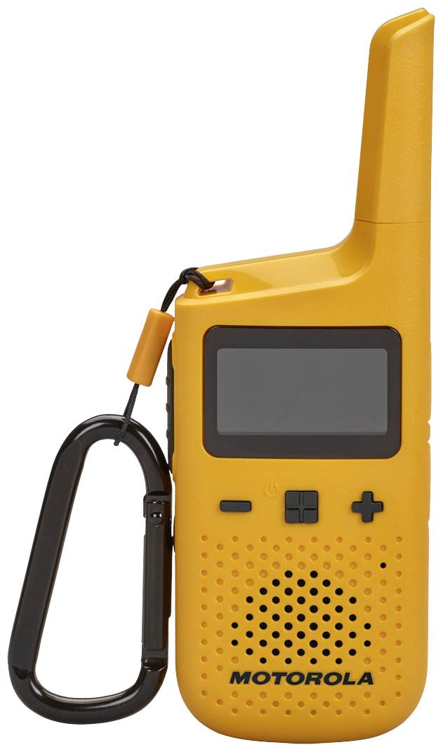 En gul walkie-talkie-enhet med inbyggd högtalare, digital display och karbinhake, lämplig för mobil kommunikation.