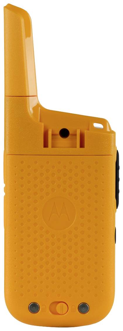 Orange handheld radio with antenna, rear view. Contains structured housing and brand logo, suitable for outdoor communication.