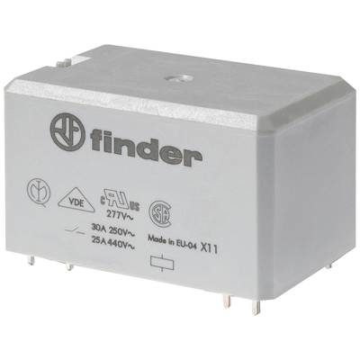 Grått relä från Finder med tekniska markeringar och specifikationer: 30A 250V~ och 25A 440V~. Tillverkat i EU-04.