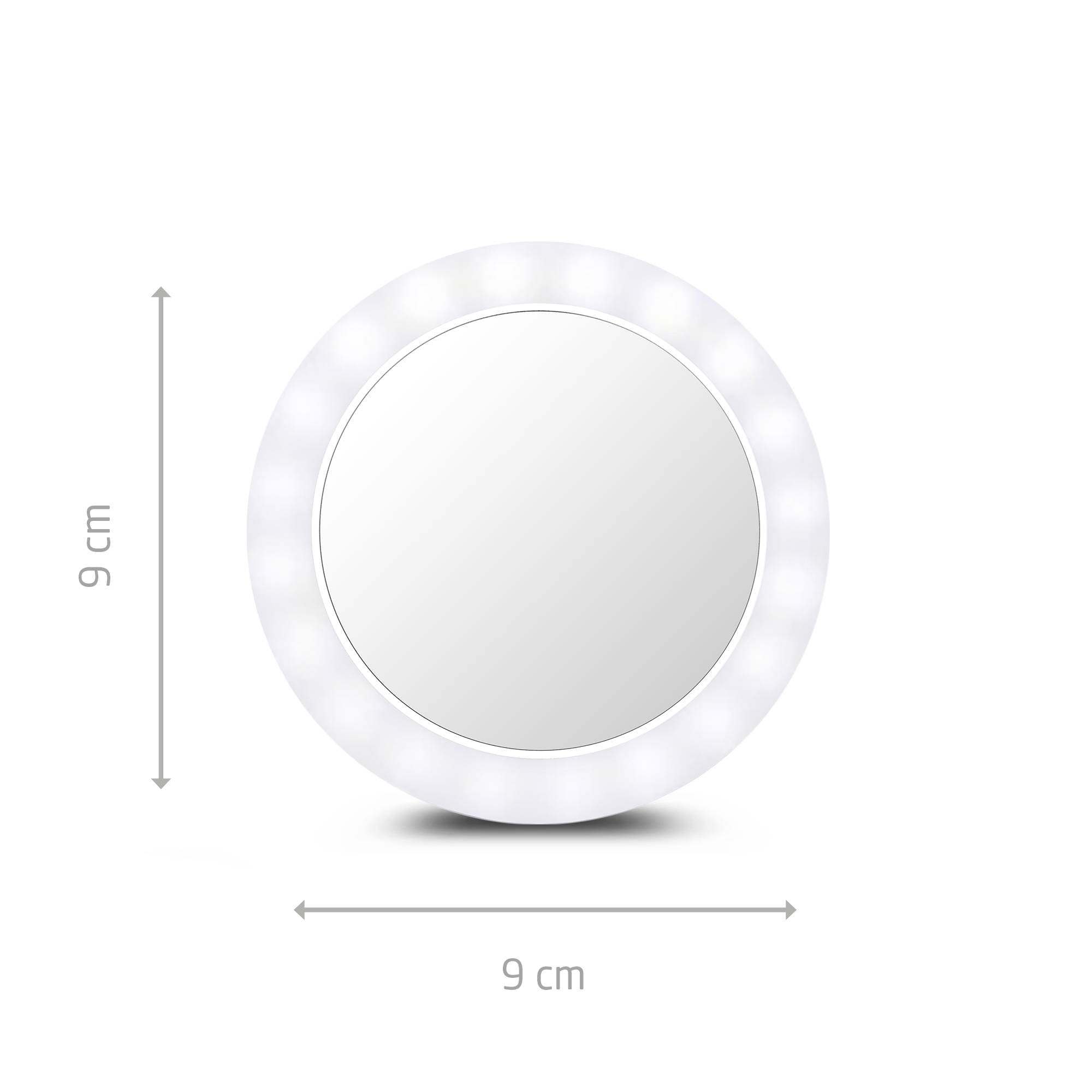 Rund, lysande spegel med en diameter på 9 cm, omgiven av en LED-ring. Perfekt för exakt sminkning.