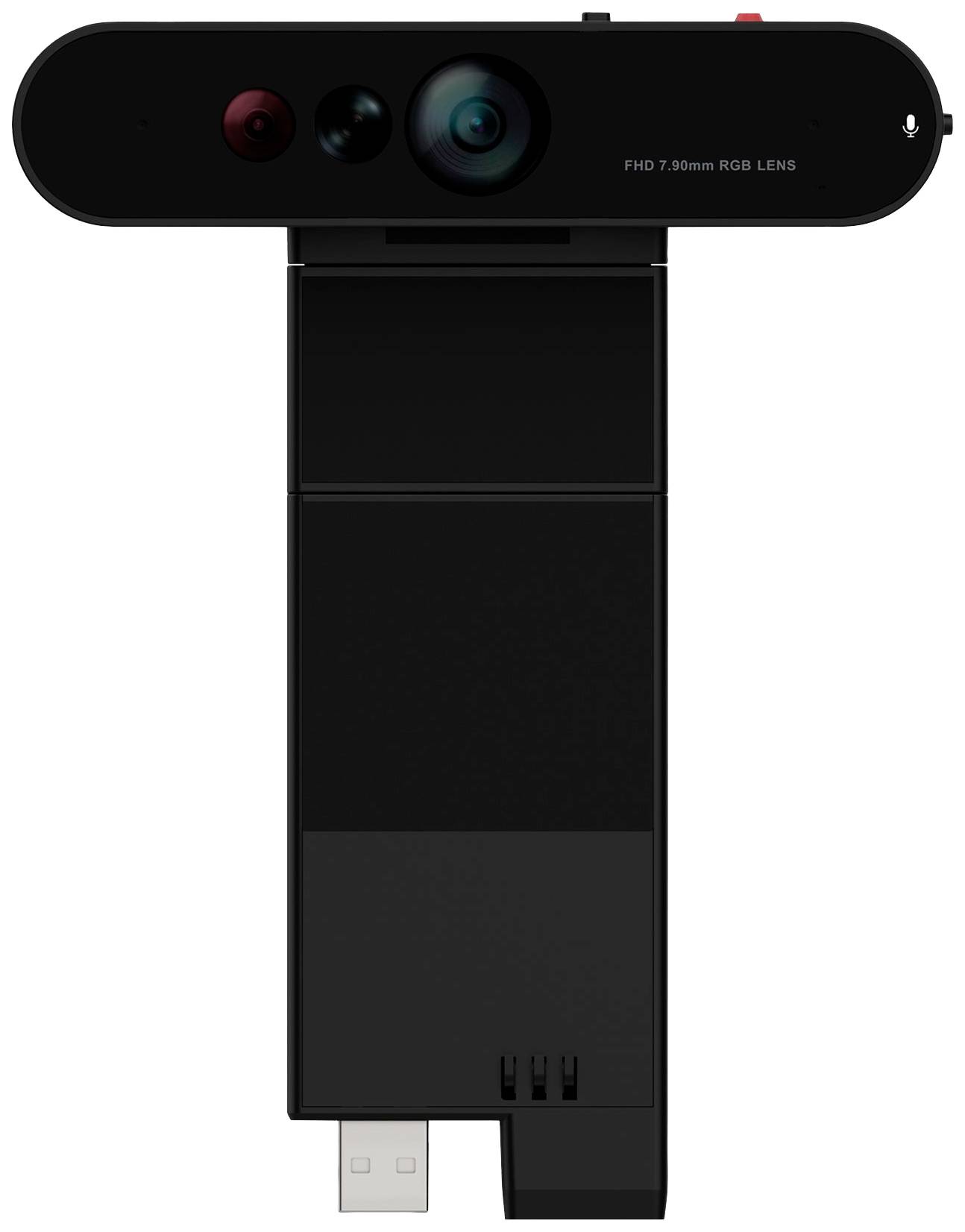 En svart webbkamera med USB-anslutning och flera linser, lämplig för videosamtal eller inspelningar i hög upplösning.