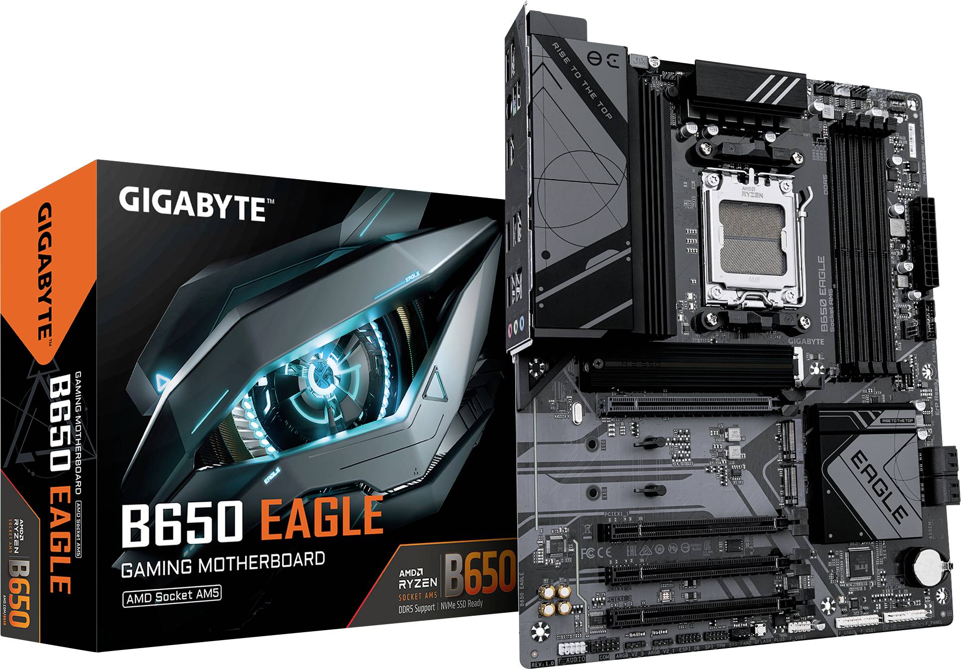 Moderkort GIGABYTE B650 Eagle bredvid förpackningen. Text på förpackningen: 'AMD Ryzen', 'AM5 Socket', 'B650'.