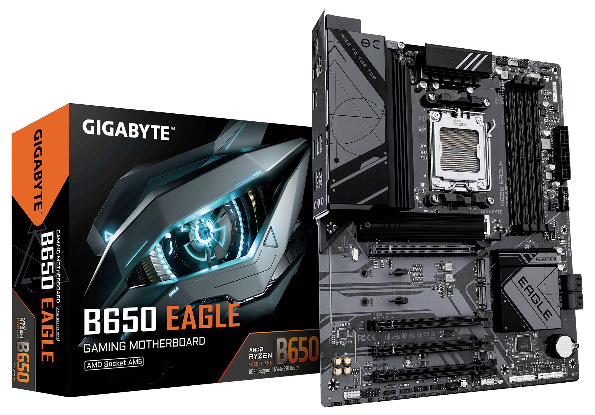Spelmoderkort 'Gigabyte B650 Eagle' bredvid förpackningen. Innehåller AMD-sockel, RAM-, PCIe-kortplatser och kylflänsar.