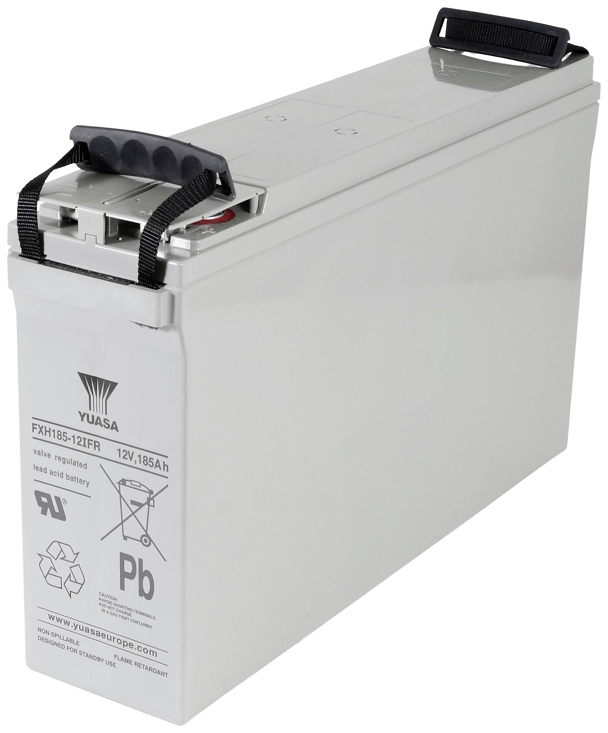 En rektangulär blysyrabatteri med handtag, varumärkeslogotyp, återvinningssymboler och tekniska specifikationer.