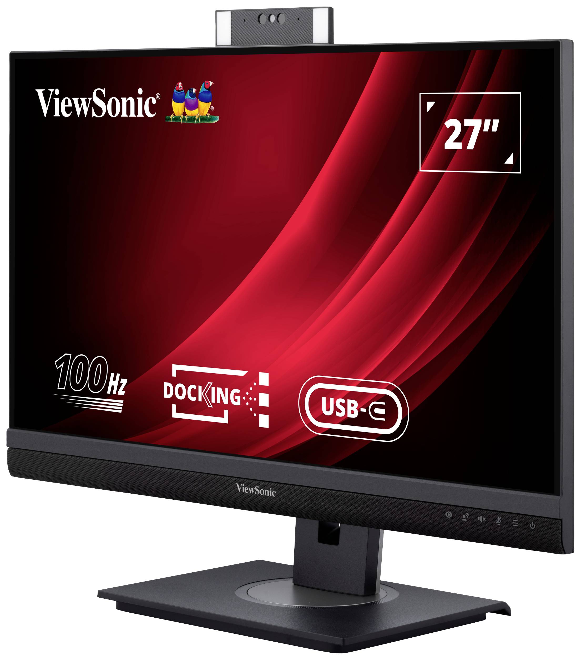 Dataskärm från ViewSonic med en 27-tums skärm. Bilden visar logotyper för 100 Hz uppdateringsfrekvens, dockningsfunktion och USB-C-anslutning.