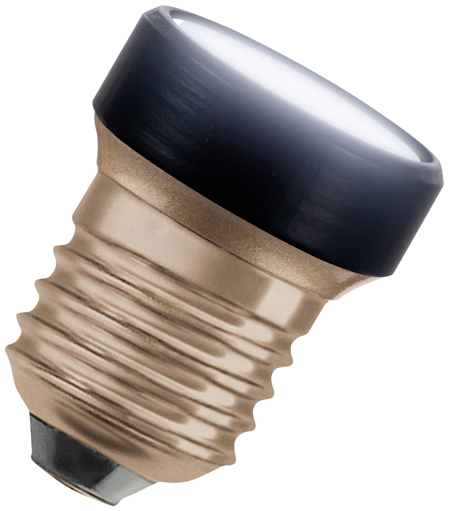 En LED-lampa med metallgänga och svart ovansida som är påslagen och utstrålar ett mjukt ljus.