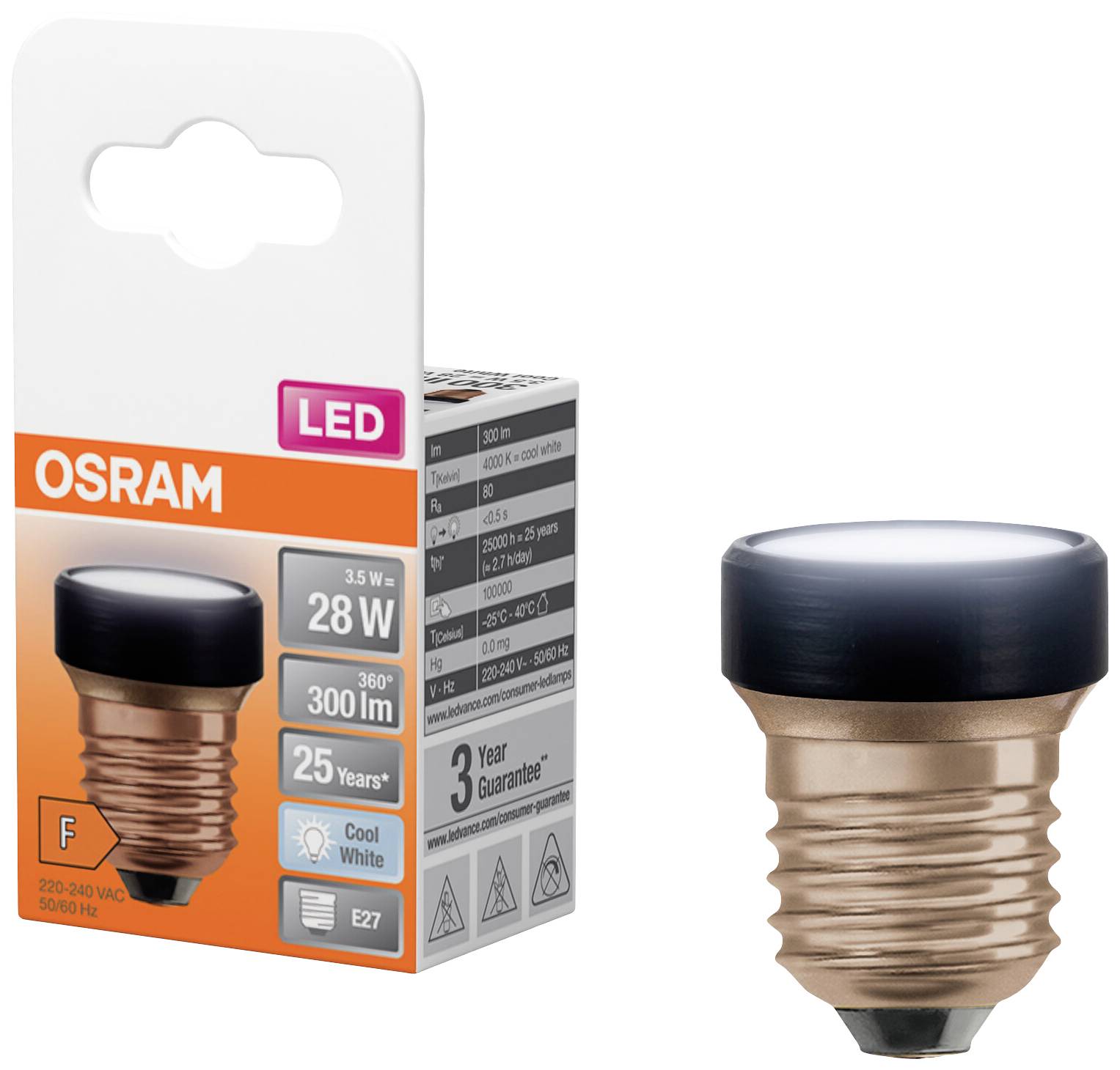 LED-lampa och förpackning från varumärket OSRAM. Egenskaper: 28W, 300 lm, 360° spridningsvinkel, 25 år livslängd. Sockel E27, energieffektivitetsklass F.