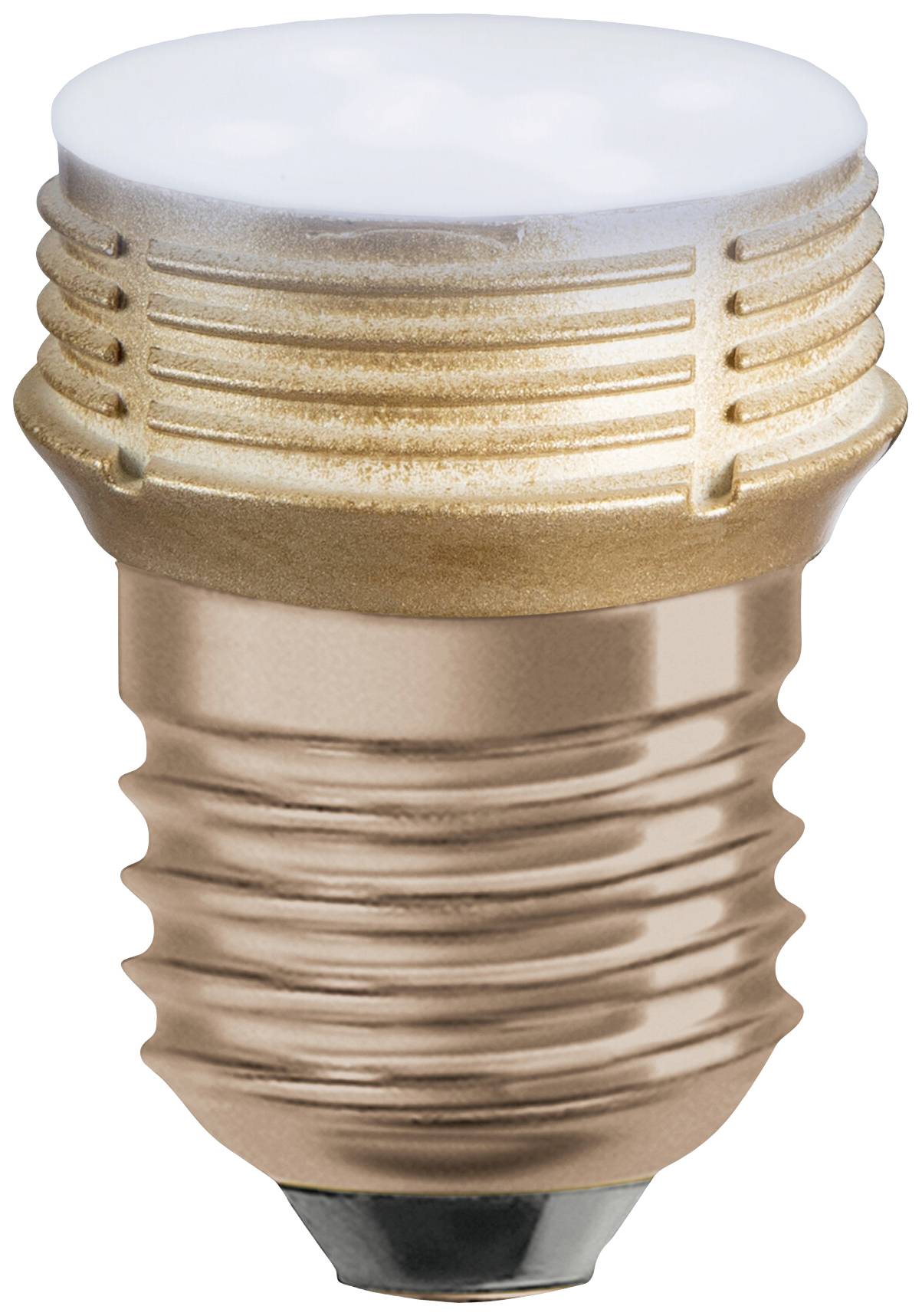 En LED-glödlampa med guldgängad sockel och matt vit kupol. Perfekt för energieffektiv belysning.
