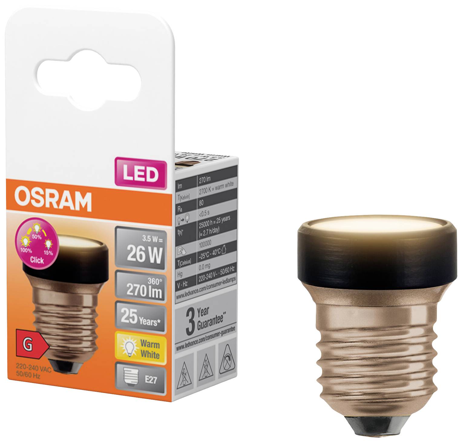 LED-lampa från OSRAM, 3,5 W, E27-sockel, varmvitt ljus, kompatibel med 230-240 V. Förpackningen visar produktdetaljer och garanti.