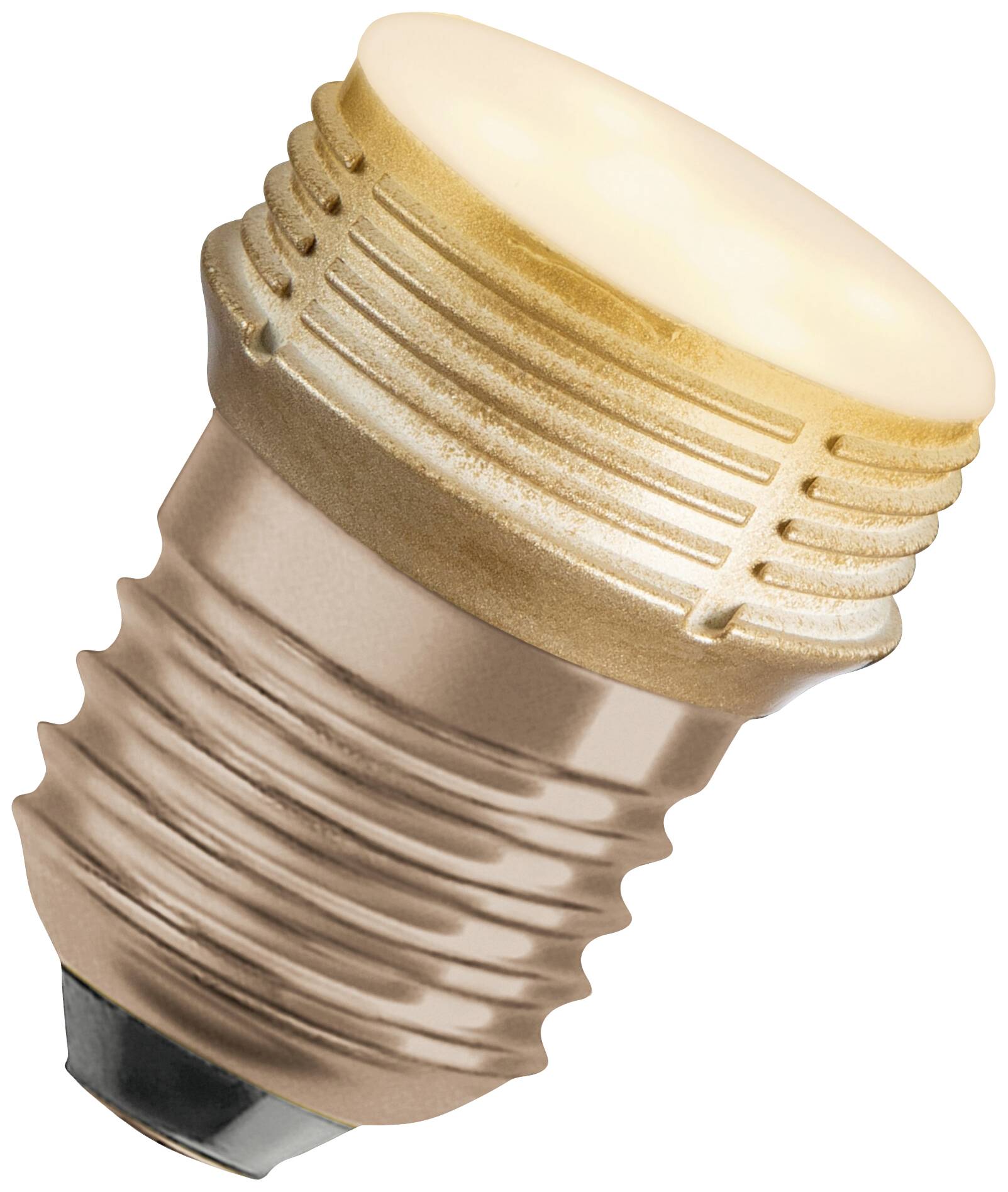 'Närbild av en LED-glödlampa med E27-sockel i tänt tillstånd, visar varmt ljus och metalliska detaljer.'