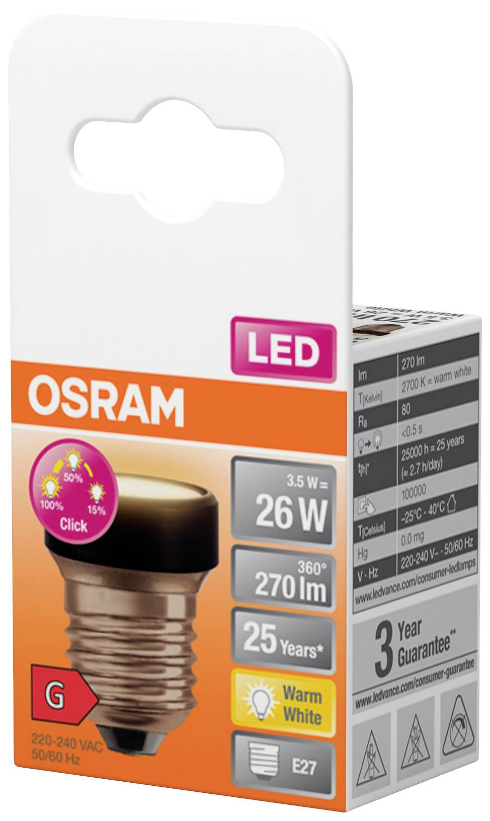 'Osram LED-lampa, 3,5W (motsvarar 26W), 270 lumen, varmvitt ljus, E27 sockel, 25 år livslängd, 3 år garanti, energiklass G.'