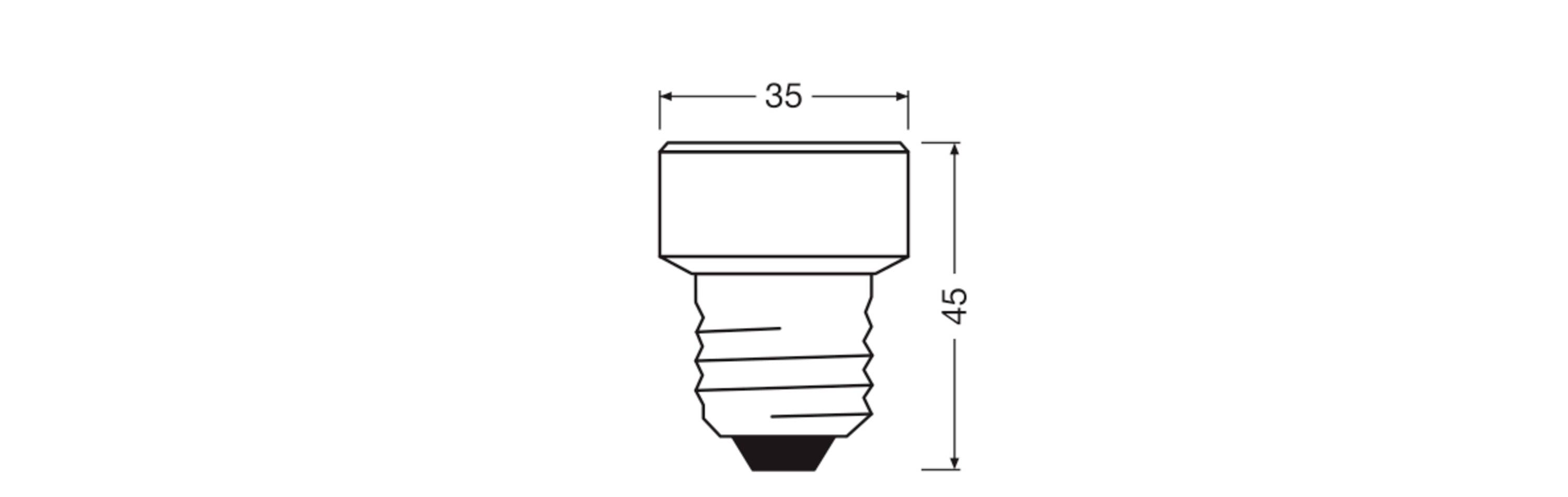 Teknisk ritning av ett sexkantskruvhuvud med mått: bredd 35 mm, höjd 45 mm. Skruv med gänga och platt huvud.
