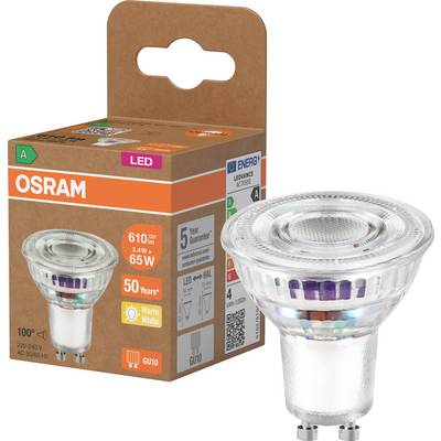 OSRAM LED-lampa i förpackning, GU10 varmvit, 610 lumen, 5 års garanti, visad bredvid lådan.
