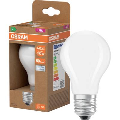 OSRAM LED-lampa i detaljhandelskartong, som visar en kallvit 150W-ekvivalent glödlampa med E27-sockel och energimärkning.
