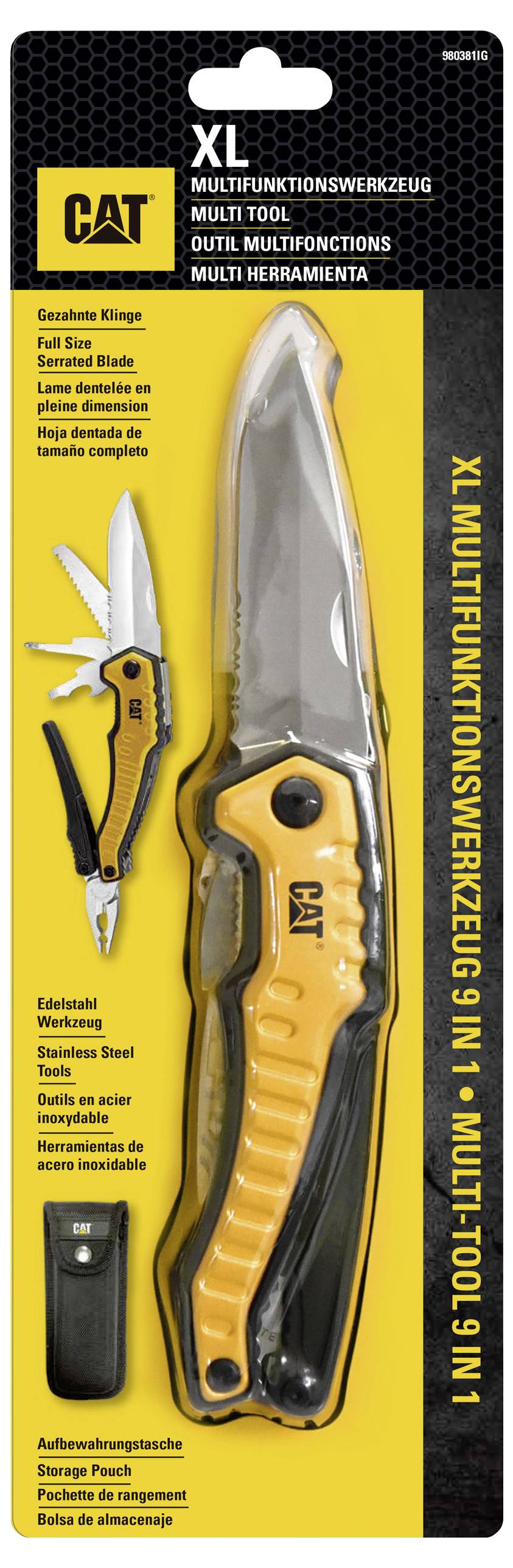 'Multiverktyg med gult handtag och flera blad.' Förpackning med vertikal text 'XL MULTIVERKTYG 9 I 1 - MULTI TOOL L WL9'.