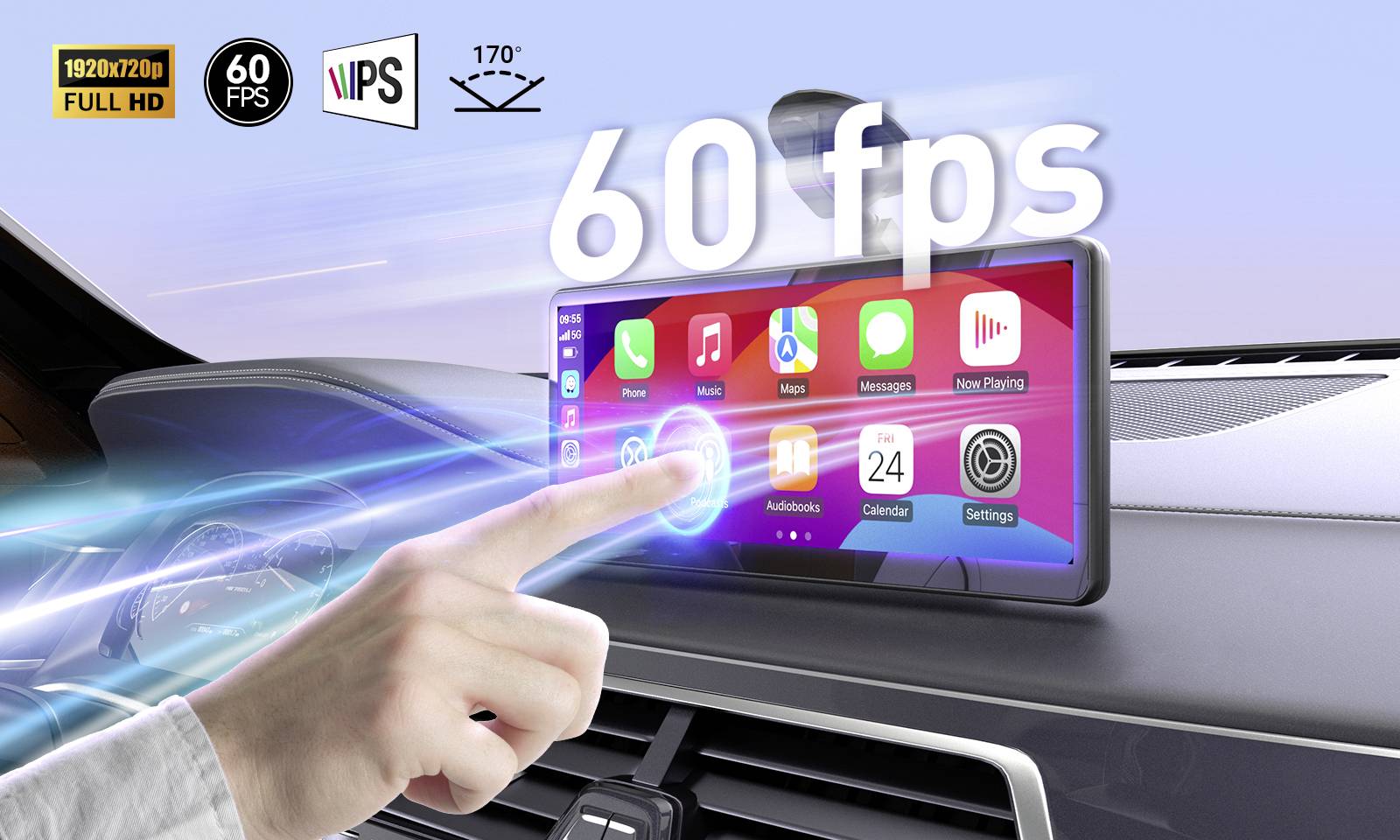 En hand vidrör en digital display i en bil med appar och '60 fps'-indikator; full HD-upplösning, 60 fps och 170° betraktningsvinkel.