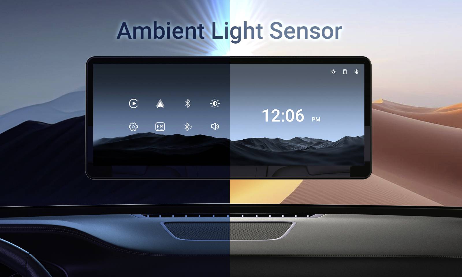 En skärm i en bil visar ett gränssnitt som anpassar sig efter ljusförhållandena. Till höger är det ljust, till vänster mörkare. Högst upp står det 'Ambient Light Sensor'.