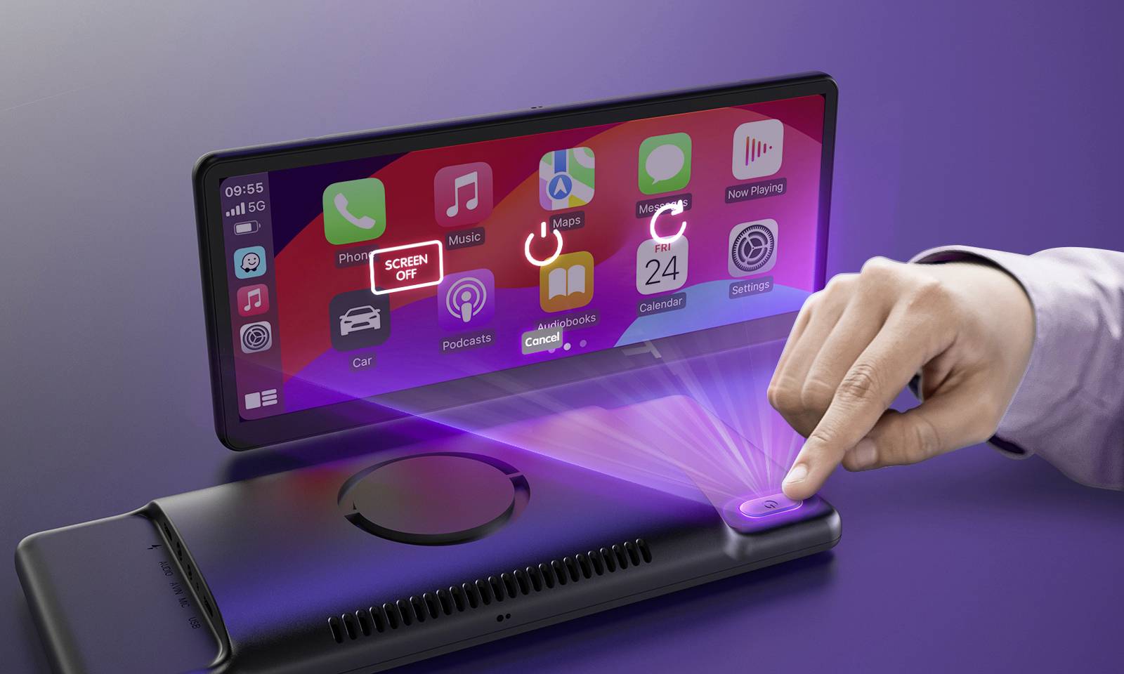 'En hand rör vid en futuristisk enhet med holografisk projektion av en smartphoneskärm med appar och symboler.'