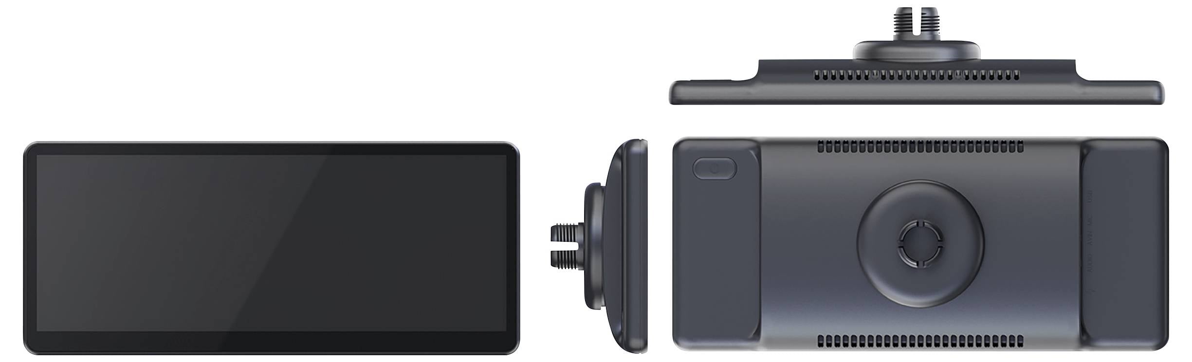 Dashcam med fram- och bakåtsikt. Linsen ovanför, displayen nedanför. Höljet är rektangulärt och svart.