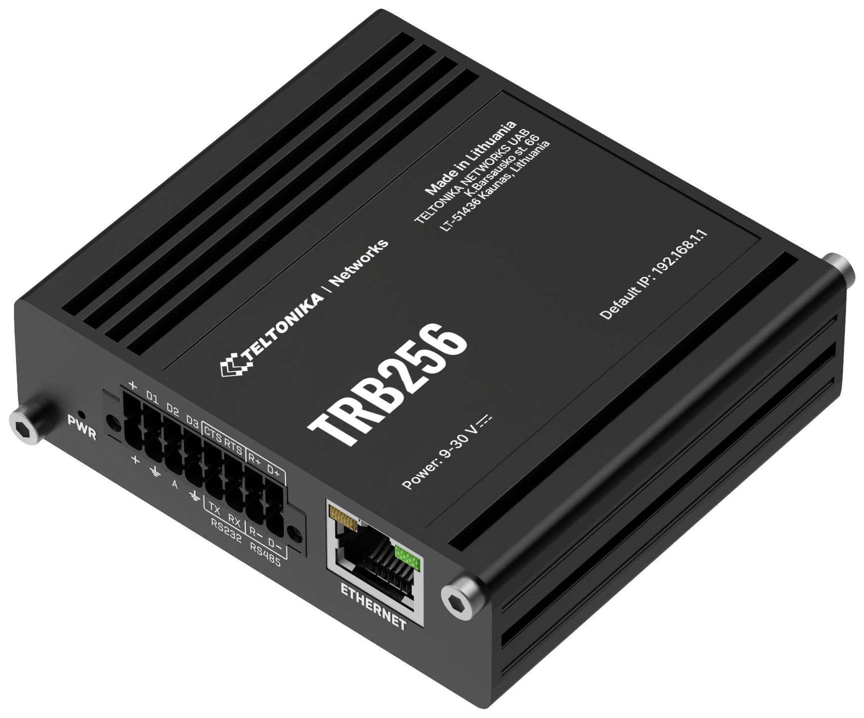 'TRB256' enhet från Teltonika Networks, en industriell mobilnätsgateway med Ethernetport, LED-indikatorer och anslutningsstyrning.