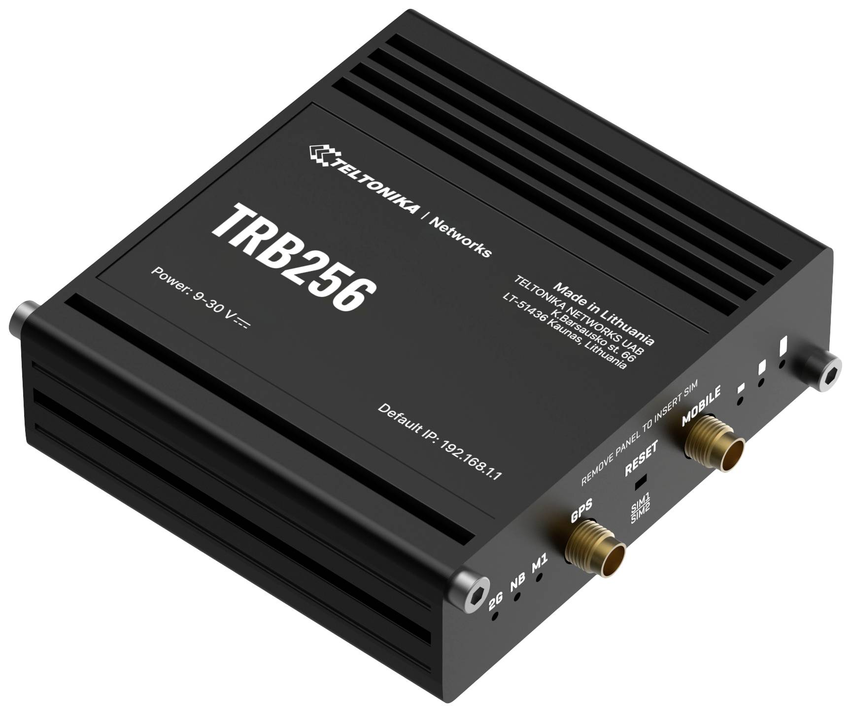 En svart LTE Cat 6-router 'TRB256' från Teltonika med anslutningsportar på sidan och texten 'Made in Lithuania'.