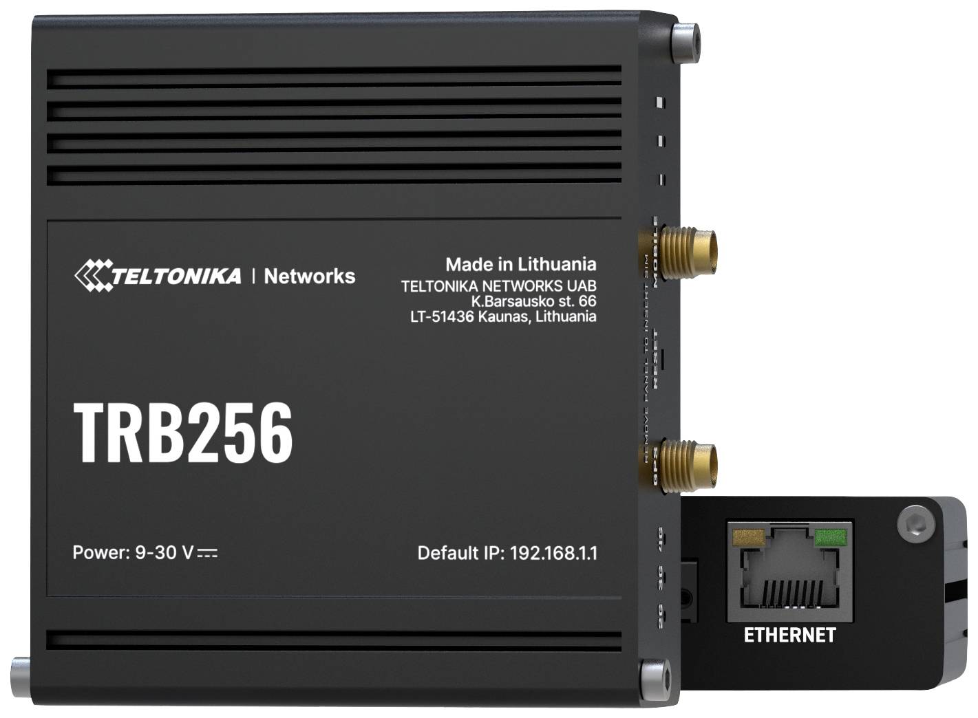 'TRB256' industriell gateway-enhet från Teltonika Networks, tillverkad i Litauen. Stöder strömförsörjning 9-30 V. Ethernet-anslutning synlig.