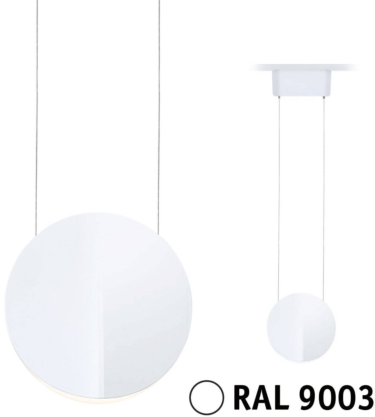 En vit, rund hängande lampa med två upphängningar och en rund takskärm. Till höger bredvid finns beteckningen 'RAL 9003'.