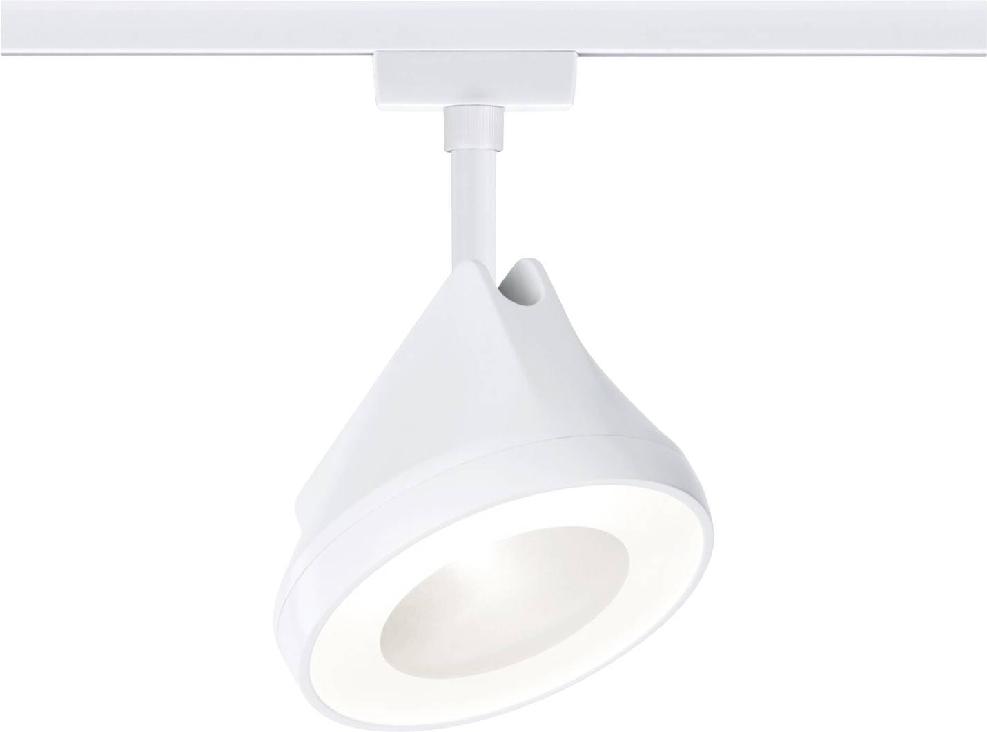 En vit taklampa som lyser nedåt, monterad på en skena. Den har en modern, konisk form.