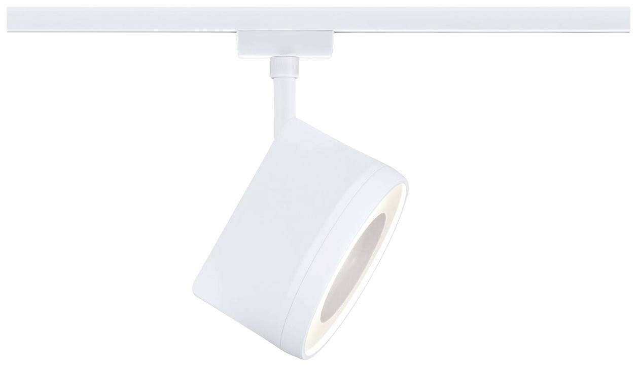 En vit skenlampa med rund ljuskropp, svängbart monterad i taket. Perfekt för accentbelysning.
