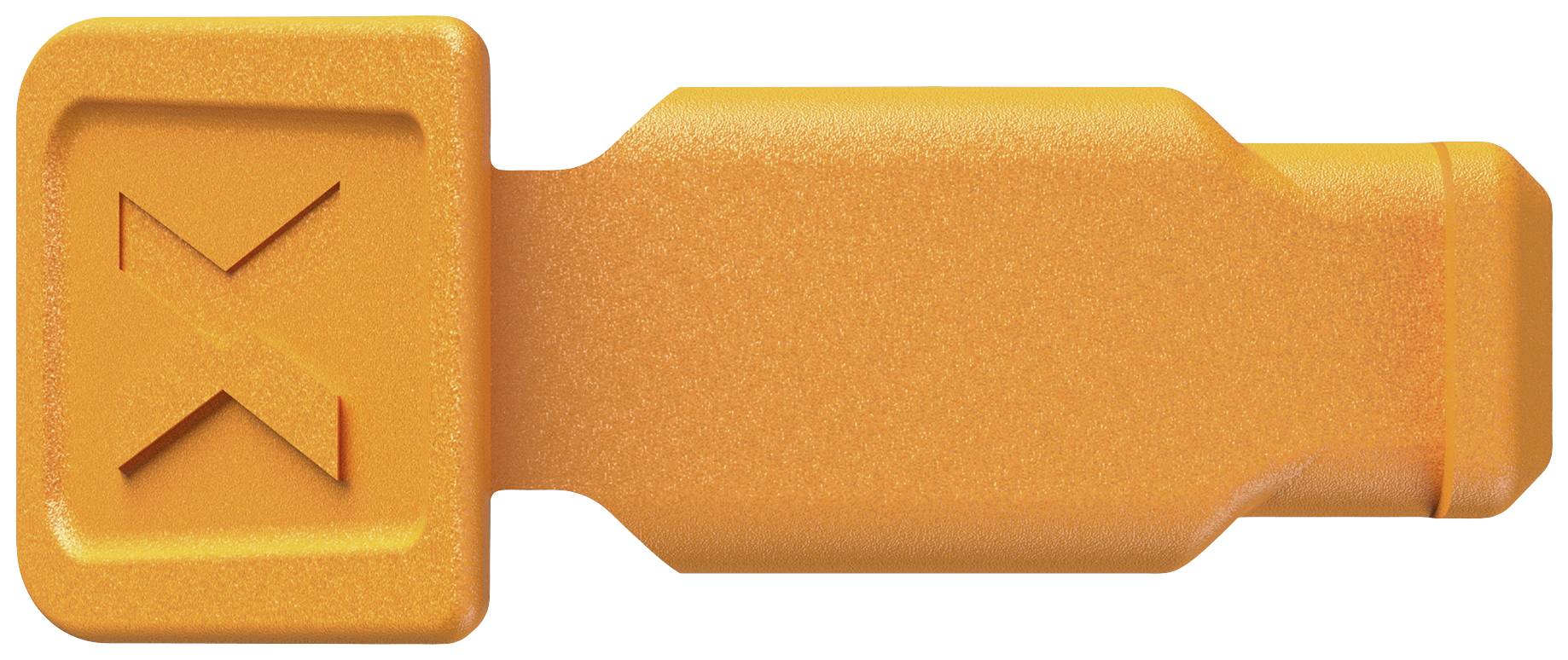 En orangefärgad, rektangulär plastbit med ett präglat 'X' på ena sidan. Den har en avrundad spets.