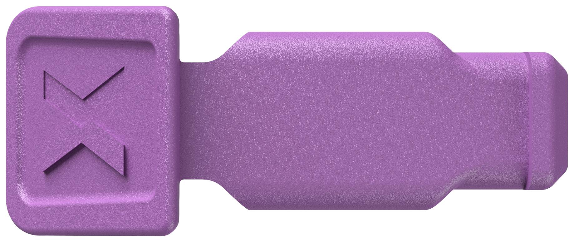 Lila plastpenna med ett upphöjt 'X'-symbol på en bred, plan sida, som används för elektroniska anslutningar eller adaptrar.