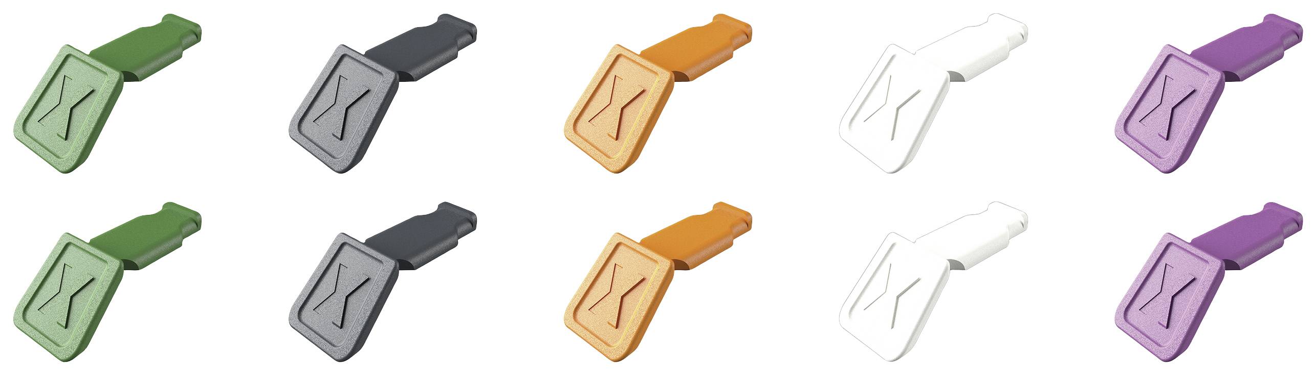 Färgade krokar i två rader, fem krokar i varje rad i färgerna grönt, grått, orange, vitt och violett.