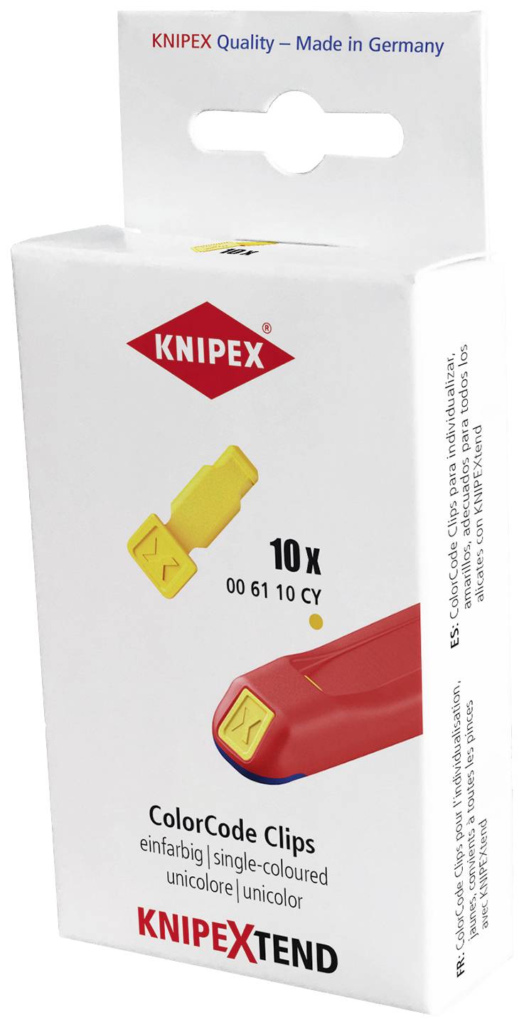 Förpackning med Knipex ColorCode-clips, 10 stycken, i gult. På förpackningen står det 'Quality - Made in Germany'.