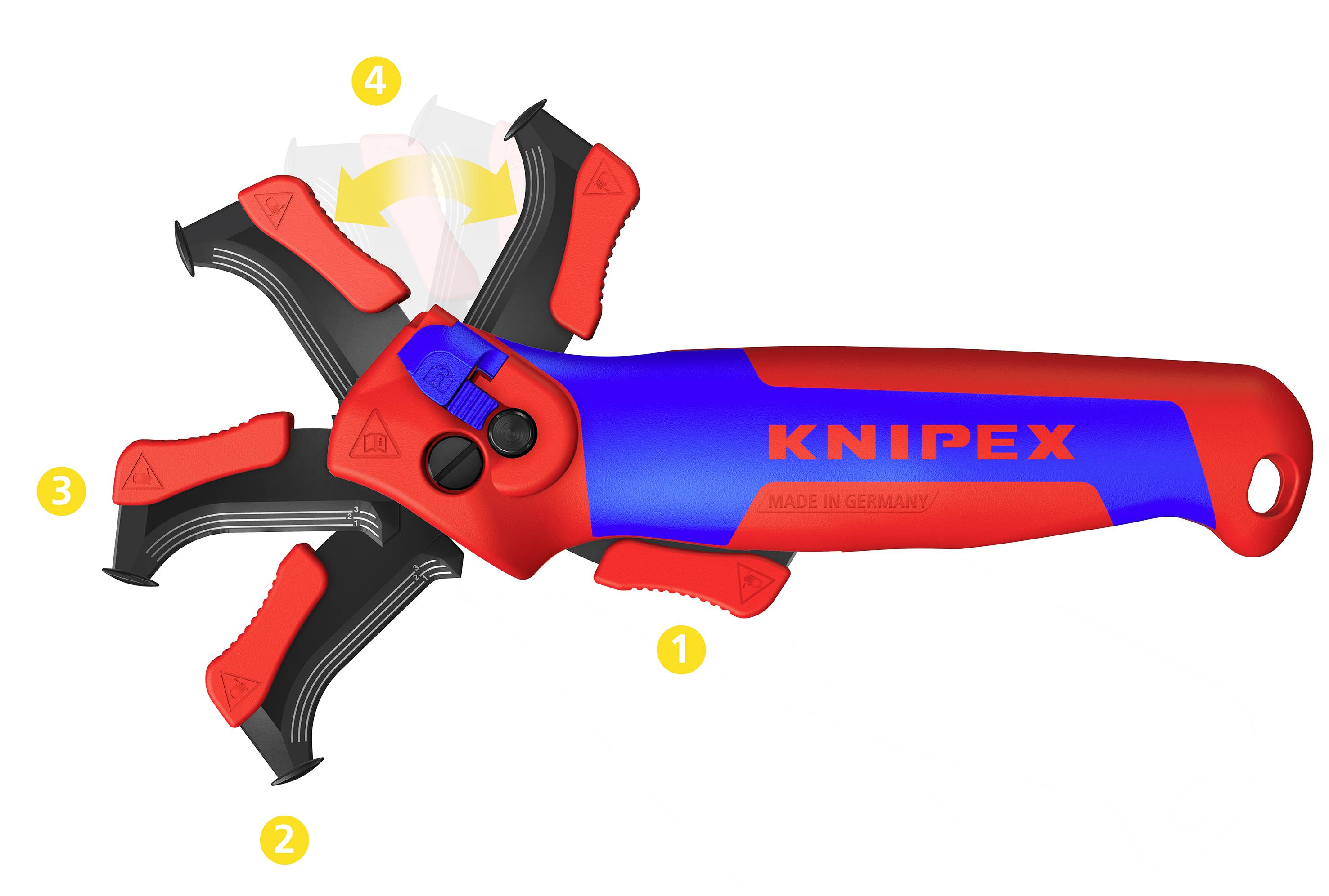 En röd och blå KNIPEX avisolerare visar fyra vridbara verktygsinsatser (1-4) på handtaget. Lämplig för avisolering av kablar.