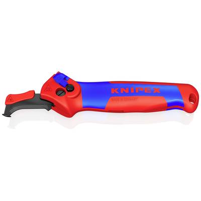 Skärverktyg med röd och blå handtag, lämpligt för avisolering av kablar, varumärket 'KNIPEX' synligt på handtaget.