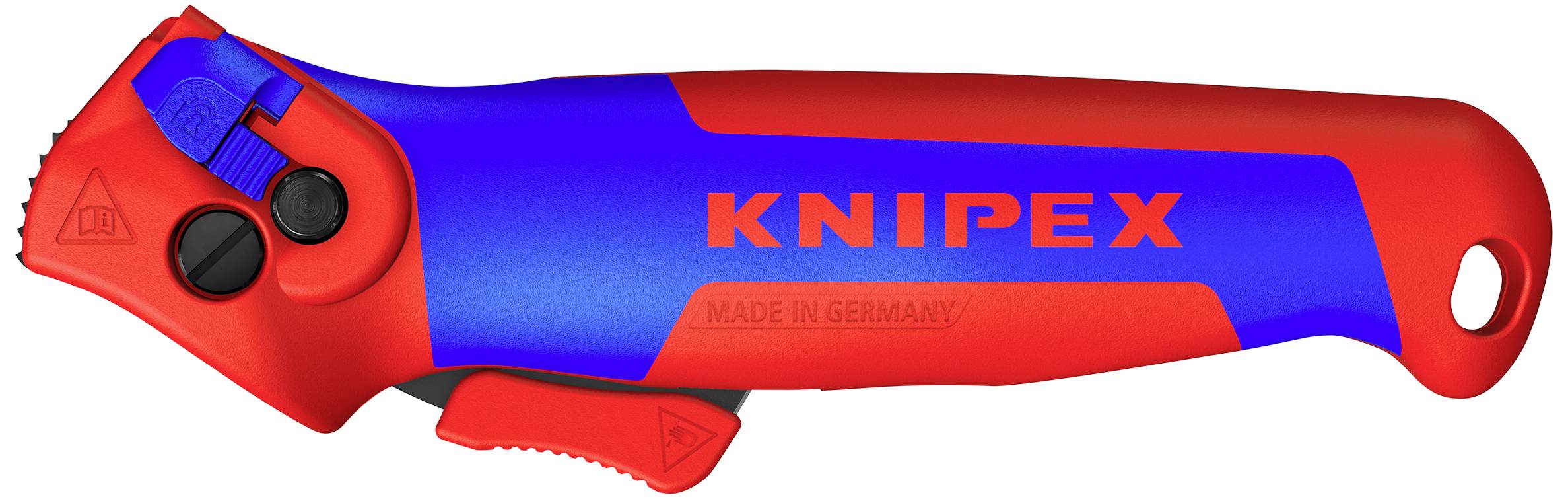 Ett rött och blått säkerhetsknivsverktyg med ett varumärke. Den har en skärfunktion och ett ergonomiskt grepp.
