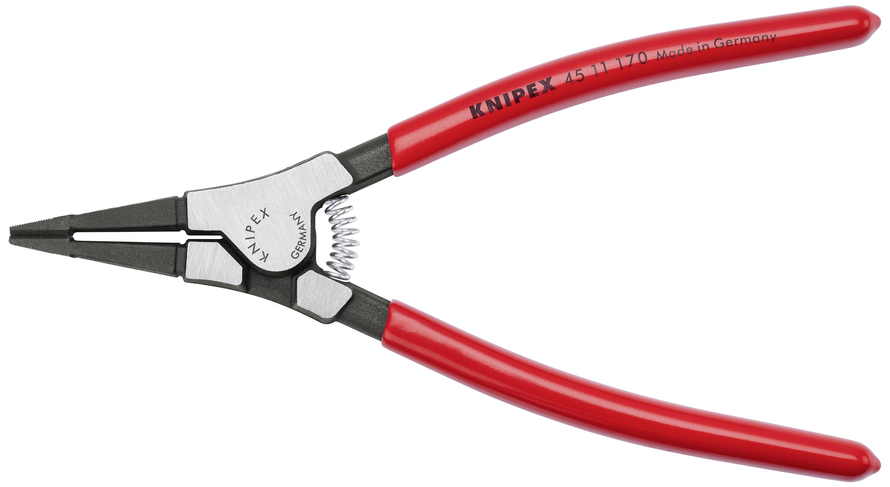 Röd KNIPEX-låsringstång med fjäderbelastad käft, konstruerad för precisionsarbete vid montering av låsringar. Tillverkad i Tyskland.