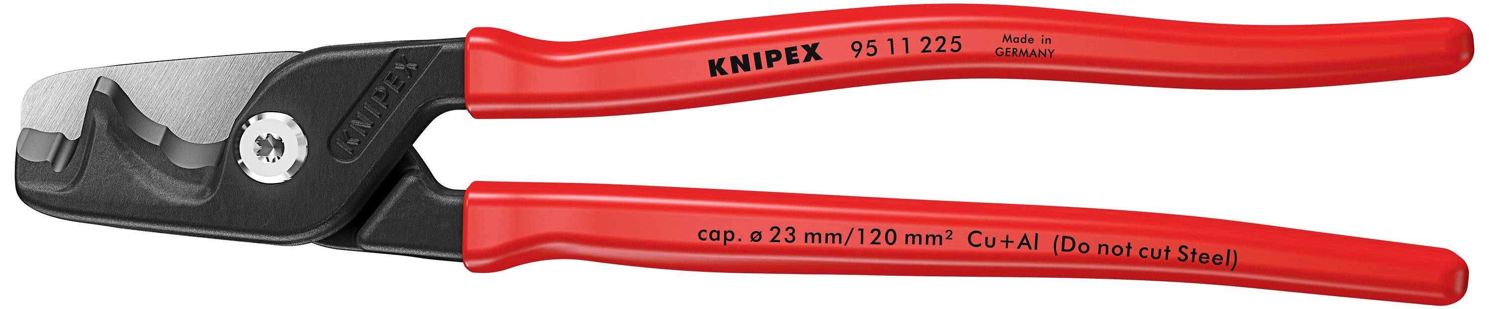 Röd kabelsax med svarta handtag, märkt med "Knipex 9511 225". Lämplig för kablar upp till 23 mm diameter.