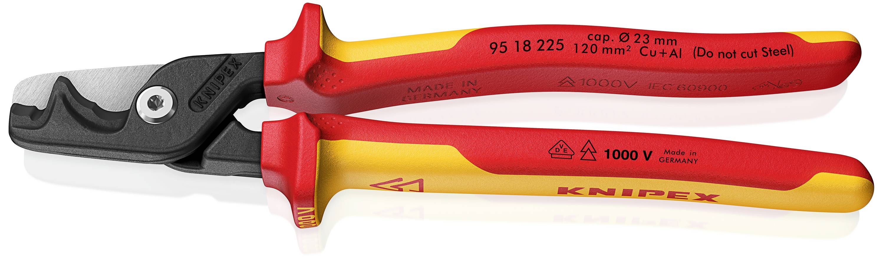 Avbildad är en elektriker-kabelskärare med röda och gula isolerade handtag och en vass egg, lämplig upp till 1000V.