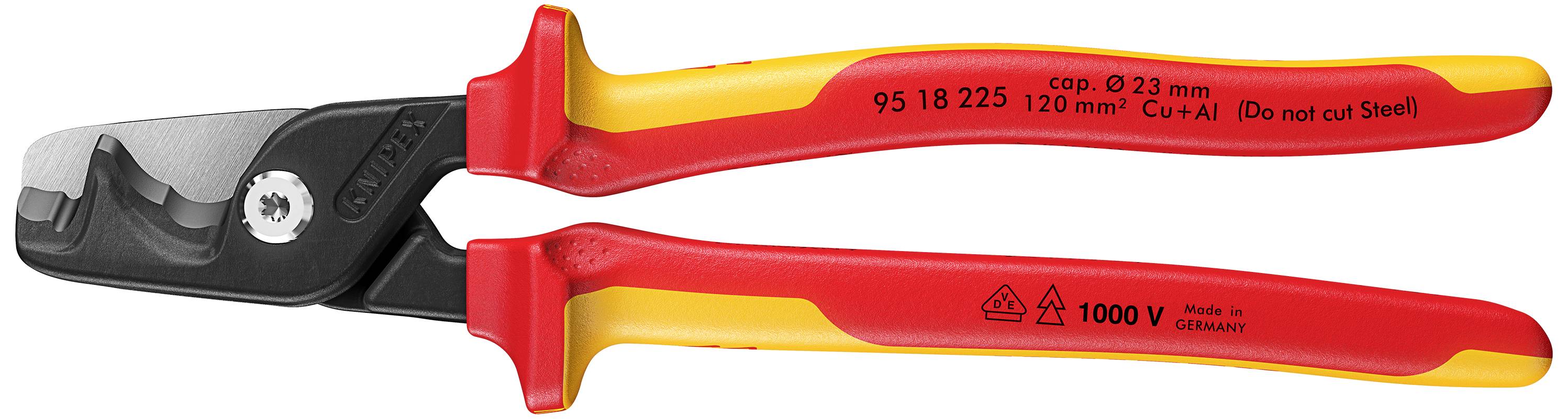 Isolerad kabelavbitare med röda och gula handtag. Märkning anger spänningstålig upp till 1000V, samt dimensioner och användningsbegränsningar.