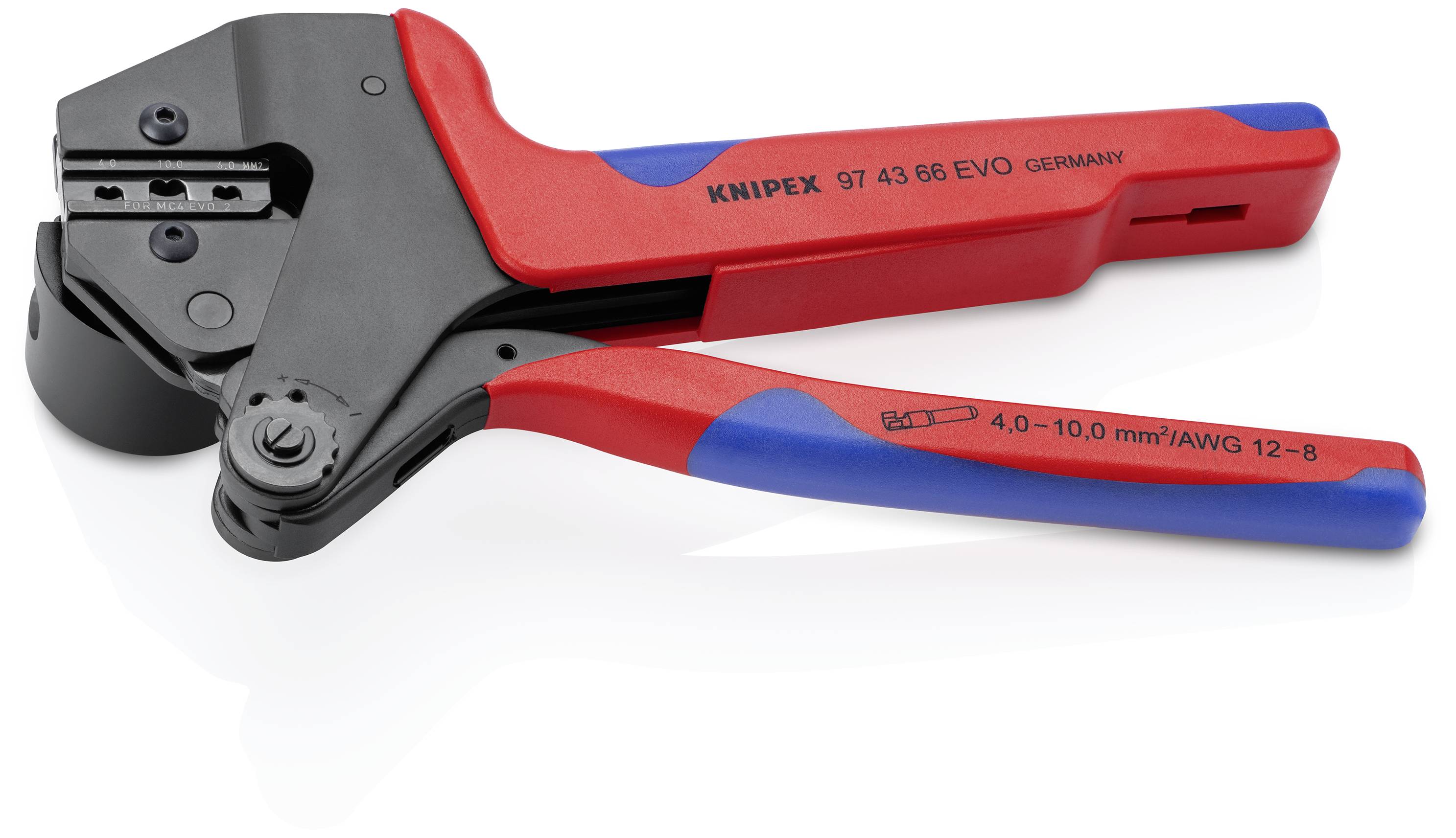 Röd och blå kabelskotång från Knipex med märkning '4,0-10,0 mm²/AWG 12-8'.