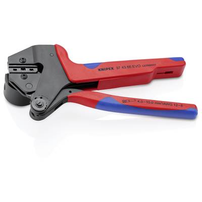 Röd och blå kabelskotång från Knipex med märkning '4,0-10,0 mm²/AWG 12-8'.