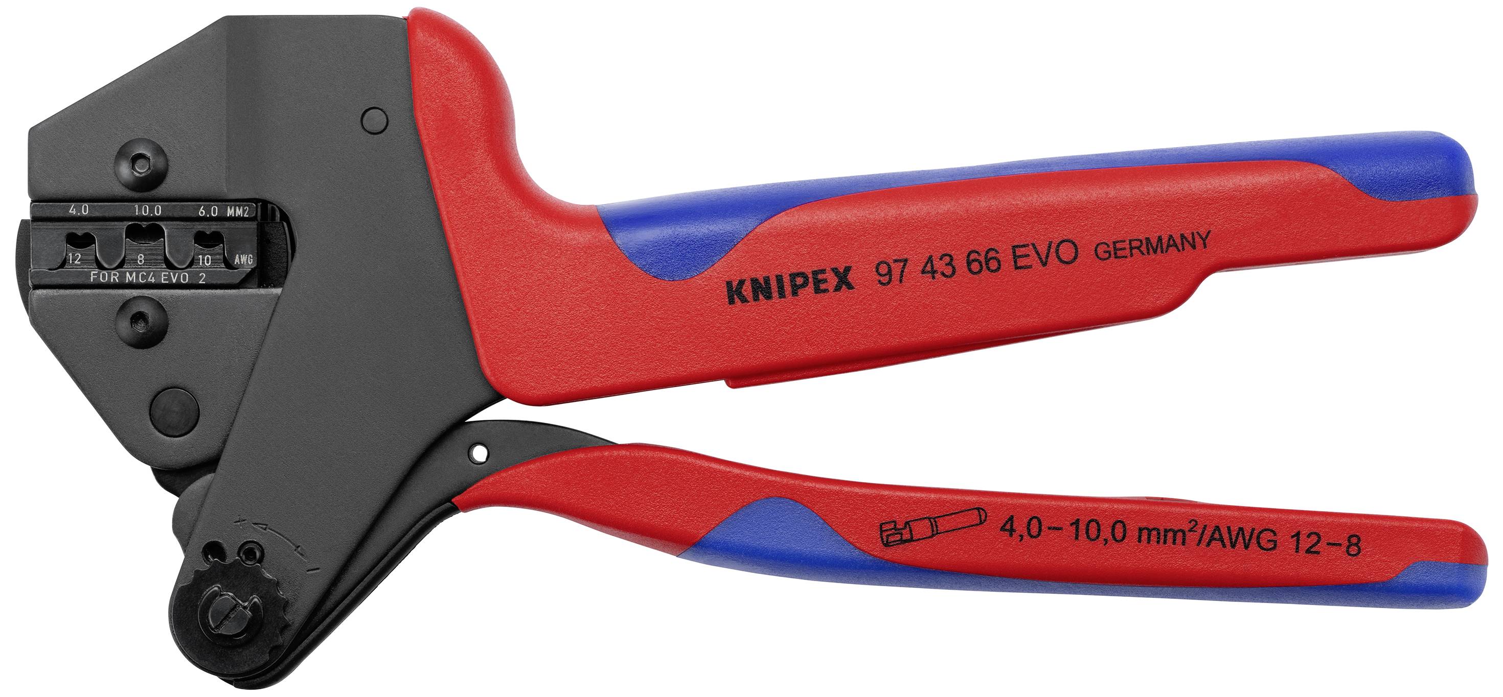 En röd och blå kabelkrimptång från märket Knipex, modell 97 43 66 EVO, lämplig för kabeldimensioner från 4,0-10,0 mm².