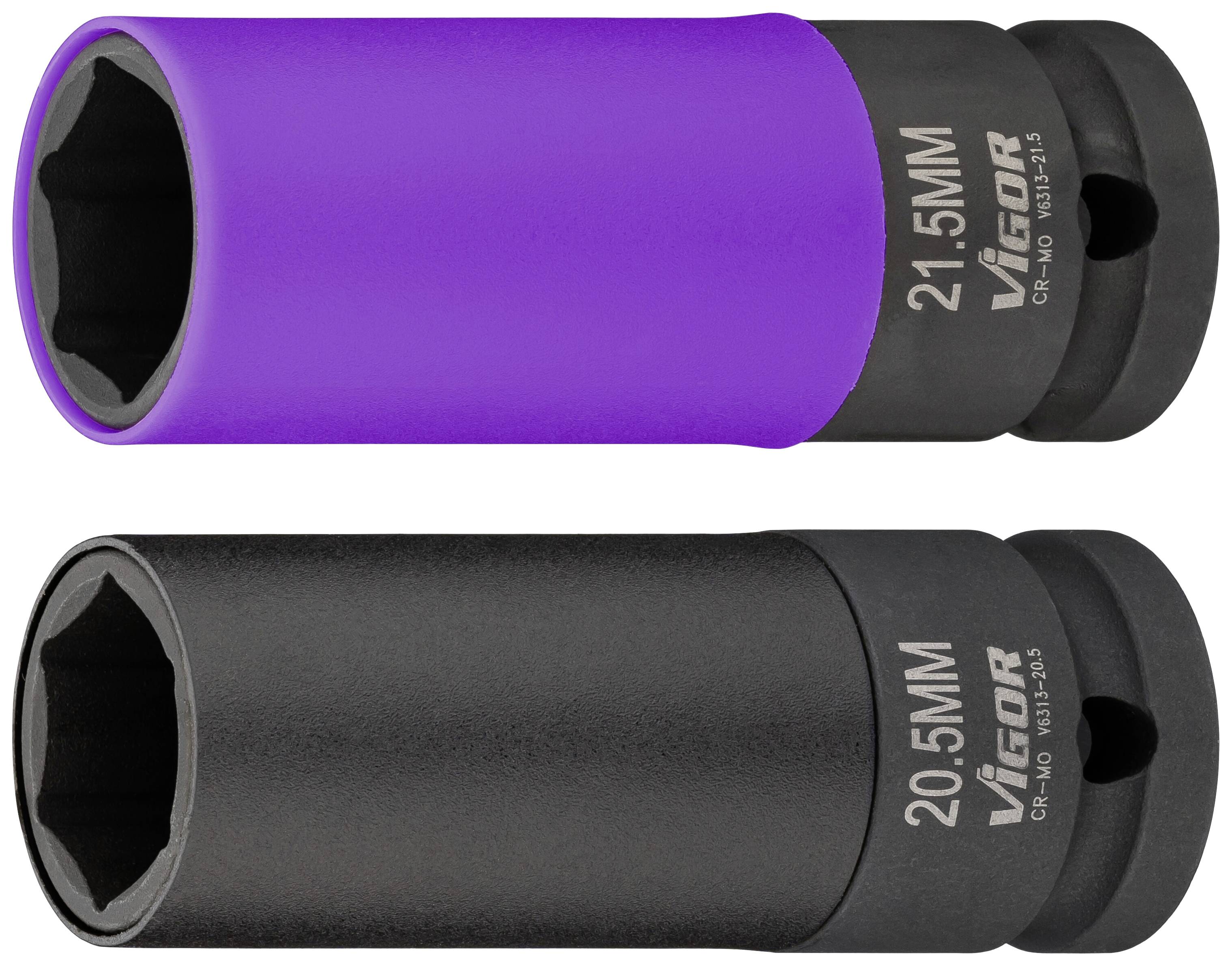 Två hylsor: en i lila (21,5 mm), en i svart (20,5 mm), båda märkta med 'LICOTA'.