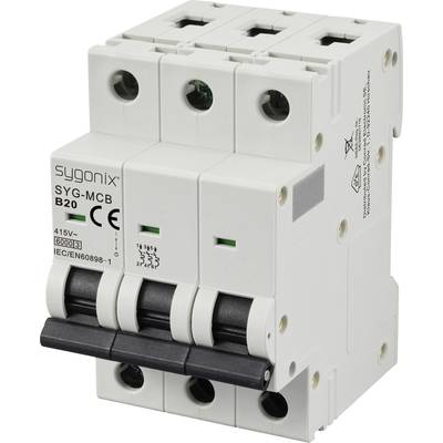 Effektbrytare från Sygonix, modell SYG-MCB B20, 3-polig, för 415V och 6000A. CE-certifierad enligt IEC/EN60898-1 standard.