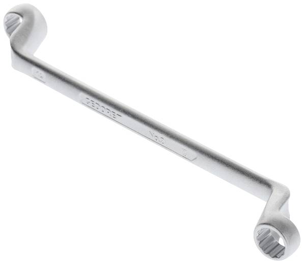 Dubbel ringnyckel i metall, ergonomiskt utformad, lämplig för att lossa och dra åt skruvar i olika storlekar.