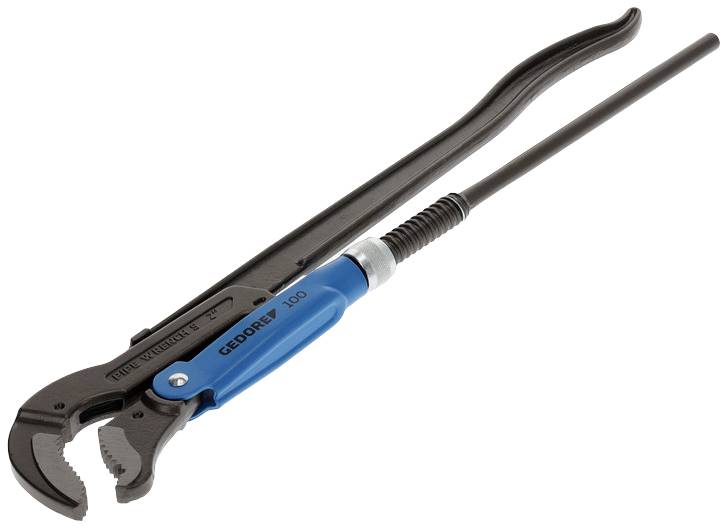 Rörtång med blått handtag och justerbart käft, lämplig för att greppa och hålla rör eller runda föremål.
