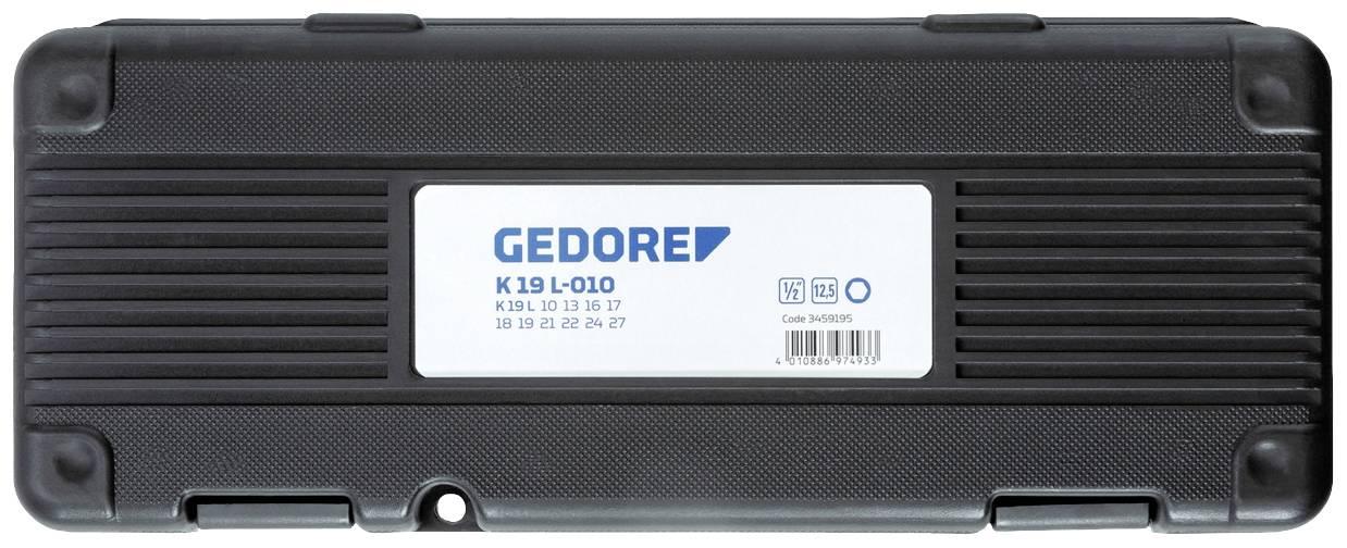 En svart plastlåda med 'GEDORE' logotyp och modellnummer 'K 19 L-010' på etiketten. Innehållet i verktygssatsen är okänt.